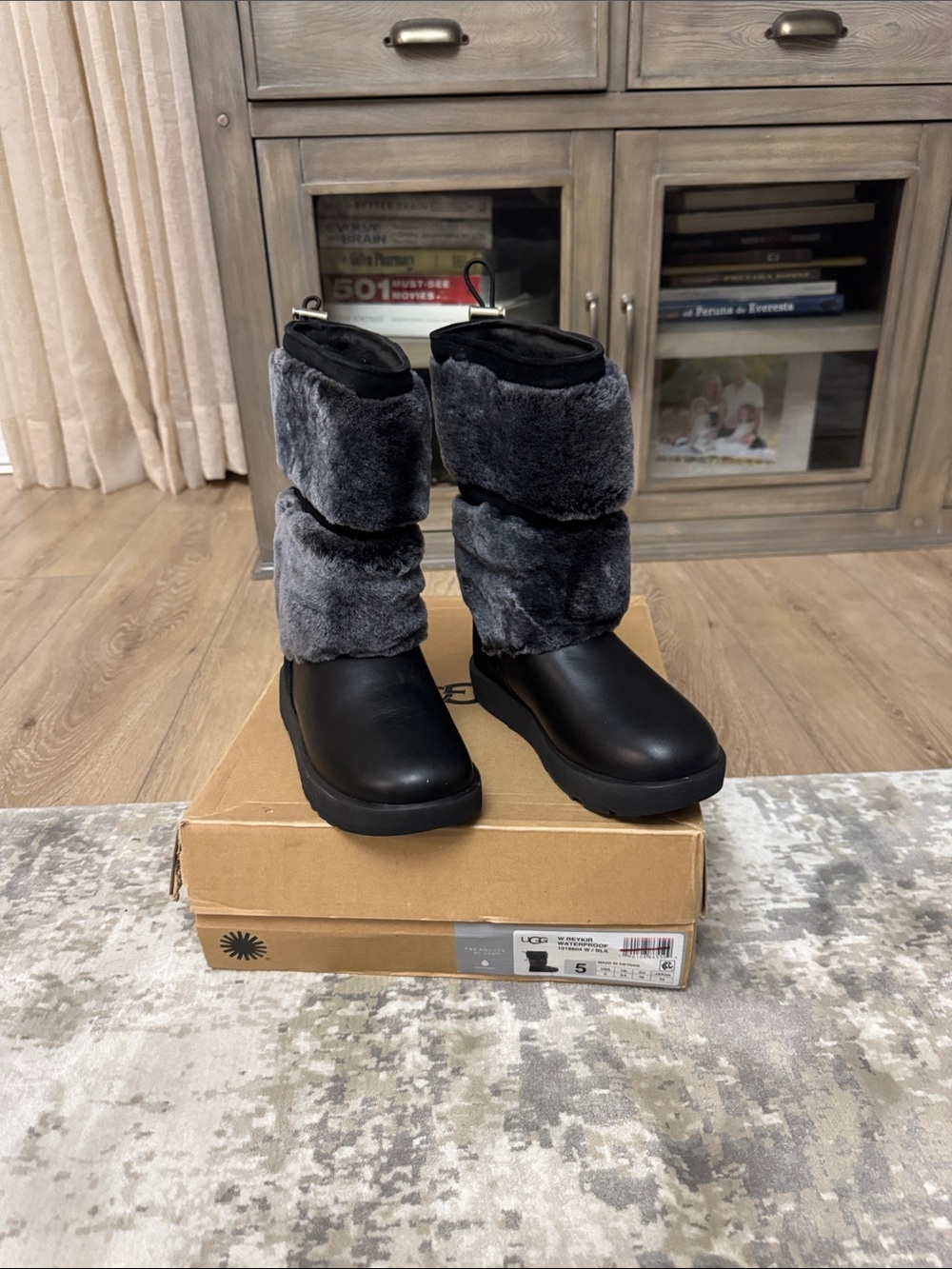 UGG Reykir Waterproof Women's Black Leather & Gray Faux Fur Tall Winter Boots